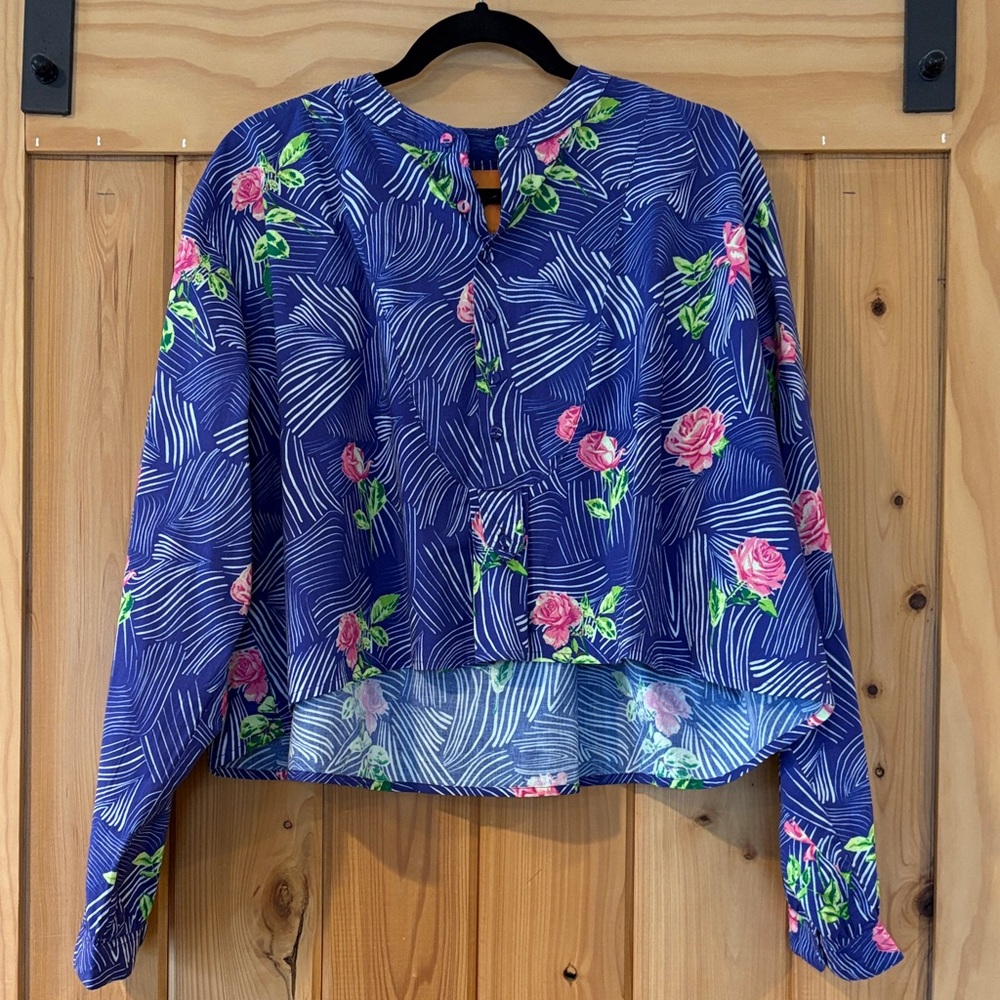 Floral Print Navy Long-Sleeve Blouse